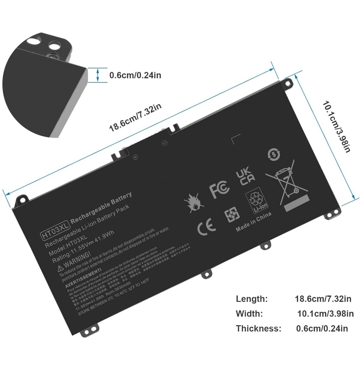 HP HT03XL Laptop Battery dimensions usabatteries-com
